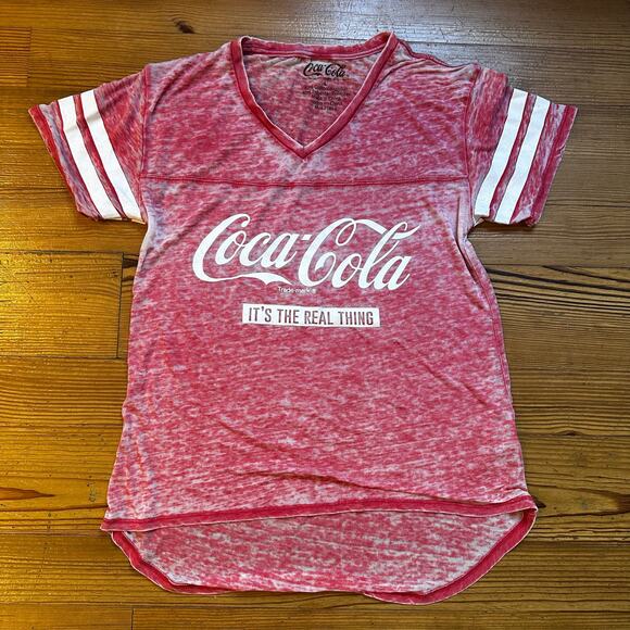 Coca-Cola red white distressed sheer short sleeve tee shirt SIZE L - Picture 1 of 4